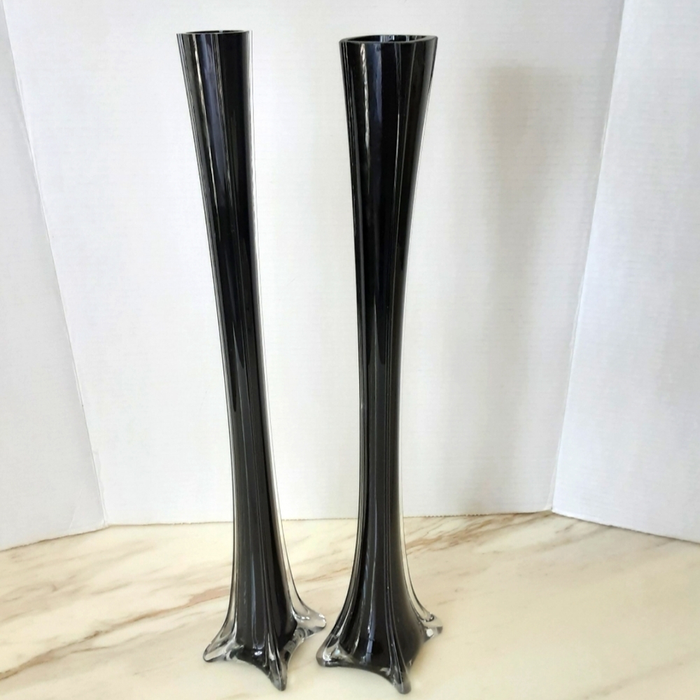 ART DECO Styled Black Glass Eiffel Tower Pair Vases 20"